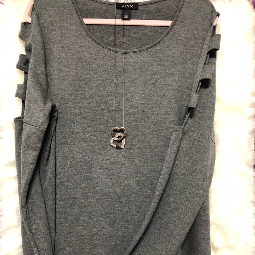 Gray cold shoulder and shark bite shirt